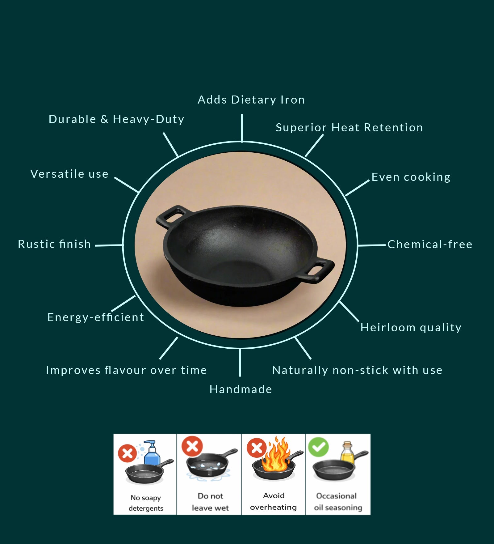 Castrong Handmade Cast Iron Deep Fry Kadai – Cookware on Brown Living™. SKU: CastIron-Deep-Fry-Kadai-2300g-packof1. Img 5.