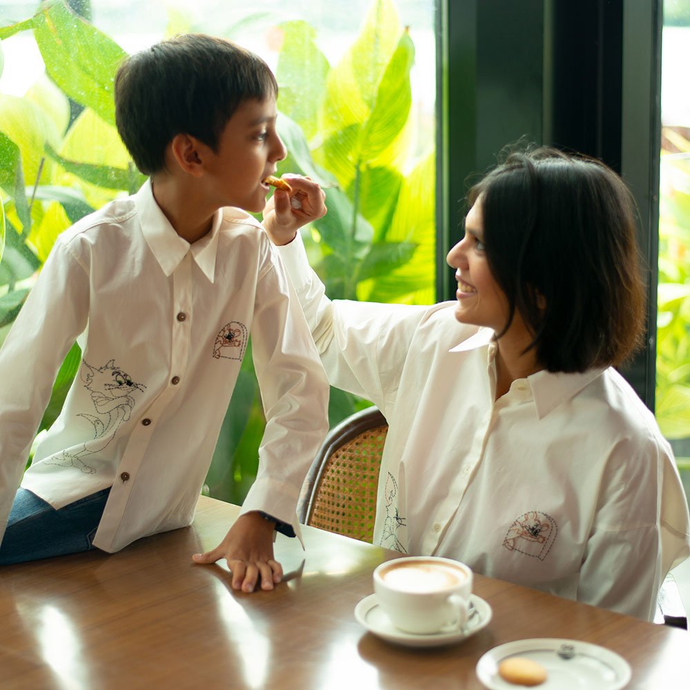 Cat and Mouse Cartoon Embroidered Organic Cotton Shirt - White – Kids Shirts on Brown Living™. SKU: NANFS001EMB044 - 18M. Img 6.
