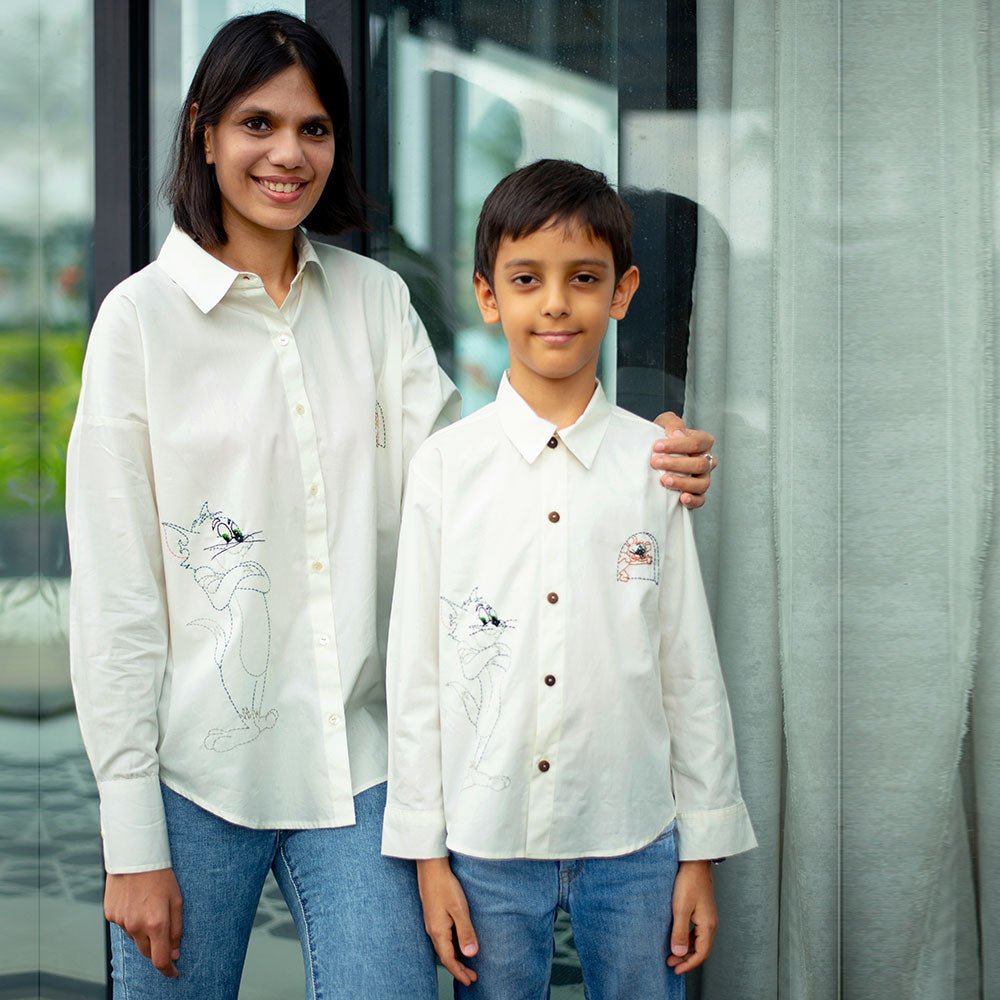 Cat and Mouse Cartoon Embroidered Organic Cotton Shirt - White – Kids Shirts on Brown Living™. SKU: NANFS001EMB044 - 18M. Img 7.