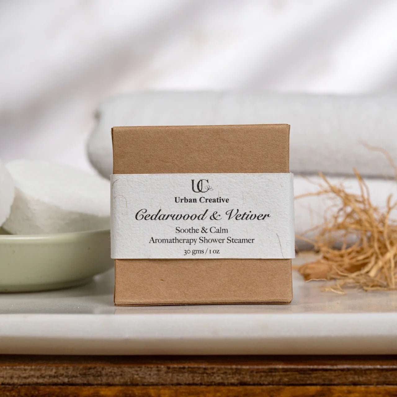 Cedarwood & Vetiver Shower Steamers – Calm & Relax Set of 4 – Bath Salt on Brown Living™. SKU: SS_4CV_GS. Img 1.