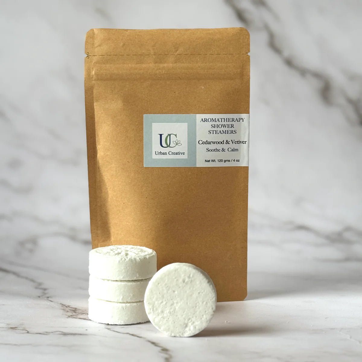 Cedarwood & Vetiver Shower Steamers – Calm & Relax Set of 4 – Bath Salt on Brown Living™. SKU: SS_4CV_MP. Img 7.