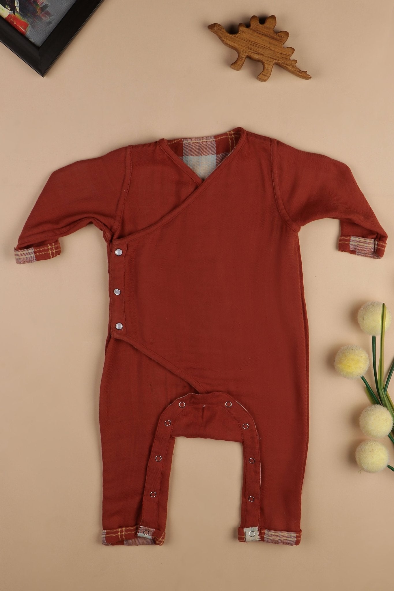 Checkered Foxy Reversible Romper – Rising Sun |Organic Cotton Babywear – Kids Daywear Sets on Brown Living™. SKU: MW22BORR-0-3. Img 4.