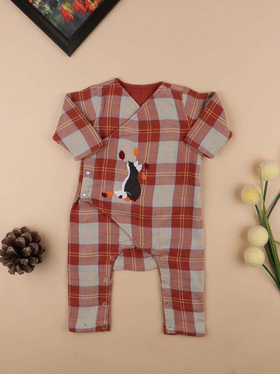 Checkered Foxy Reversible Romper – Rising Sun |Organic Cotton Babywear – Kids Daywear Sets on Brown Living™. SKU: MW22BORR-0-3. Img 1.