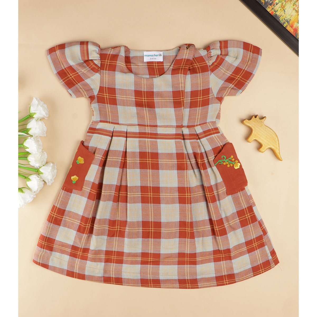 Checkered Rabbit Dress | Soft Cotton Dress for Girls – Kids Daywear Sets on Brown Living™. SKU: MCBL82OG. Img 2.