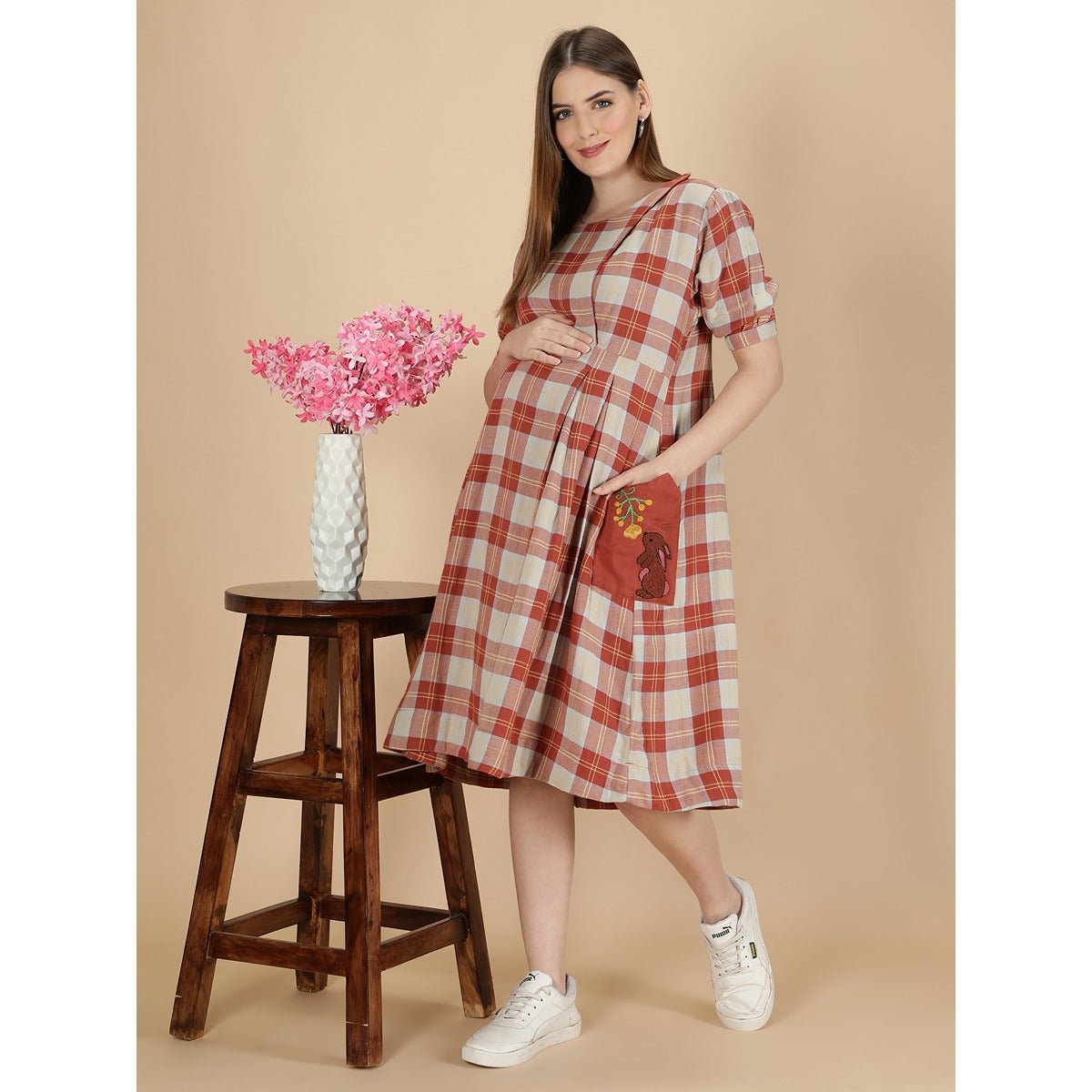 Checkered Rabbit - Rising Sun Maternity Dress – Womens Maternity Wear on Brown Living™. SKU: MCBL158. Img 1.