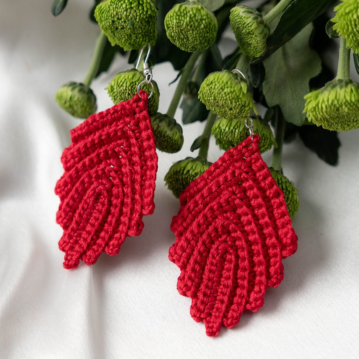 Cherry Earrings | Hand Crochet Red Thread Earrings – Jewellery on Brown Living™. SKU: AM-EAR-Cherry. Img 2.
