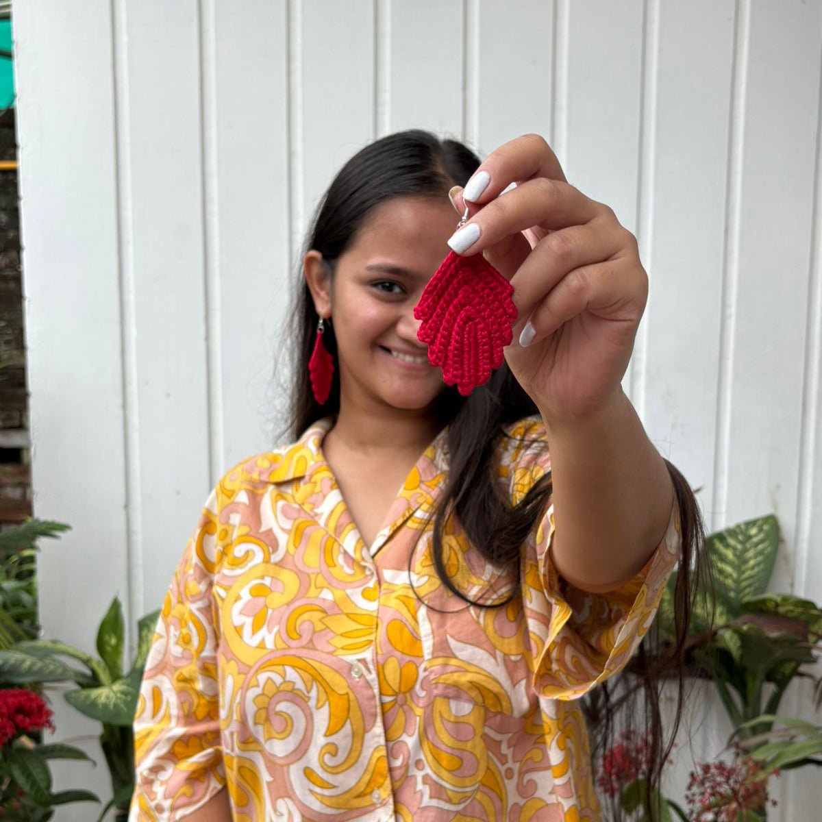 Cherry Earrings | Hand Crochet Red Thread Earrings – Jewellery on Brown Living™. SKU: AM-EAR-Cherry. Img 4.