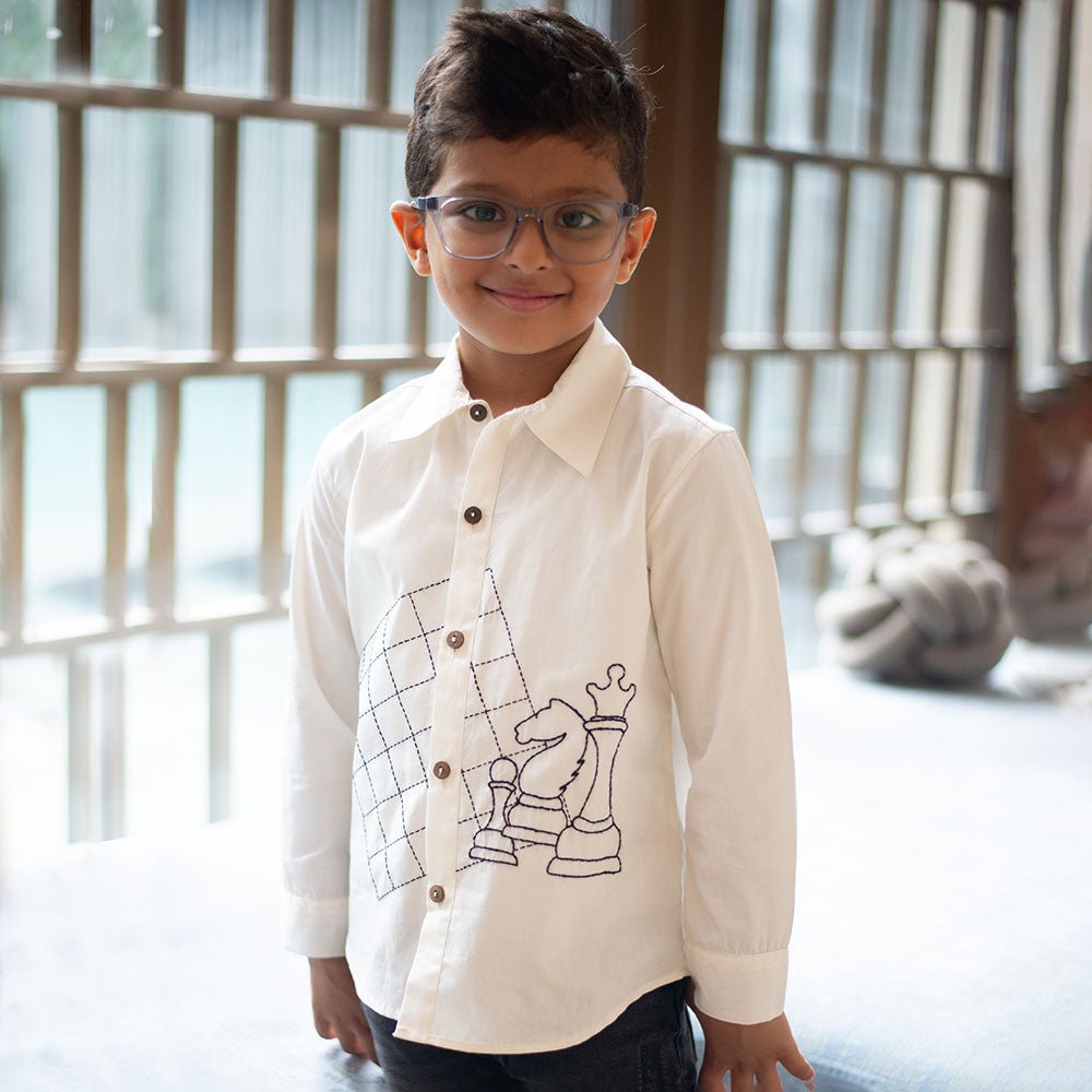Chess Checkmate Embroidered Organic Cotton Shirt - White – Kids Shirts on Brown Living™. SKU: NANFS005EMB051 - 3Y. Img 5.