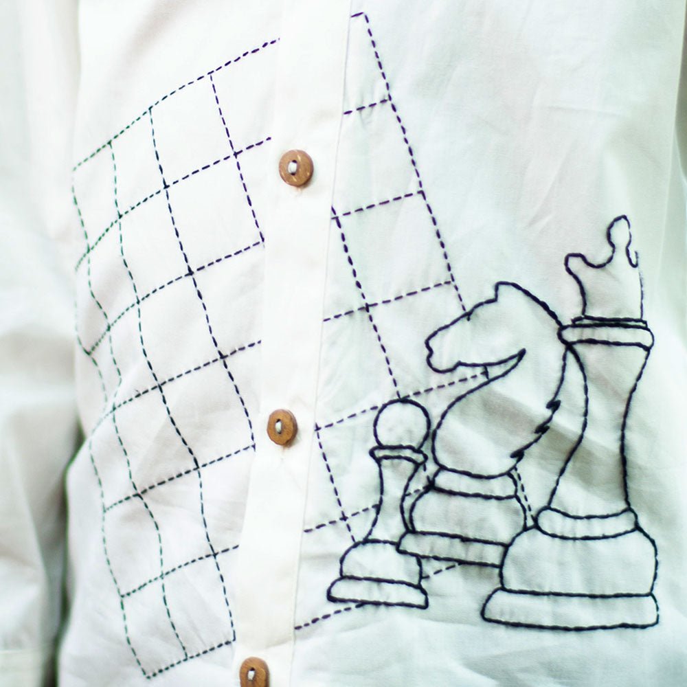 Chess Checkmate Embroidered Organic Cotton Shirt - White – Kids Shirts on Brown Living™. SKU: NANFS005EMB051 - 3Y. Img 6.