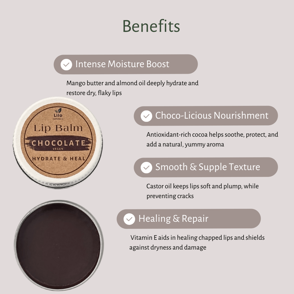 Chocolate Lip Balm | For Dry, Chapped and Pigmented Lips – Lip Balms on Brown Living™. SKU: SKU003 - 1. Img 4.