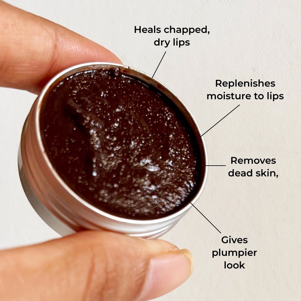 Chocolate Lip Scrub with Real Cacao & Coconut Sugar | AM & PM friendly (15 g) – Lip Scrub on Brown Living™. SKU: LC1502. Img 2.