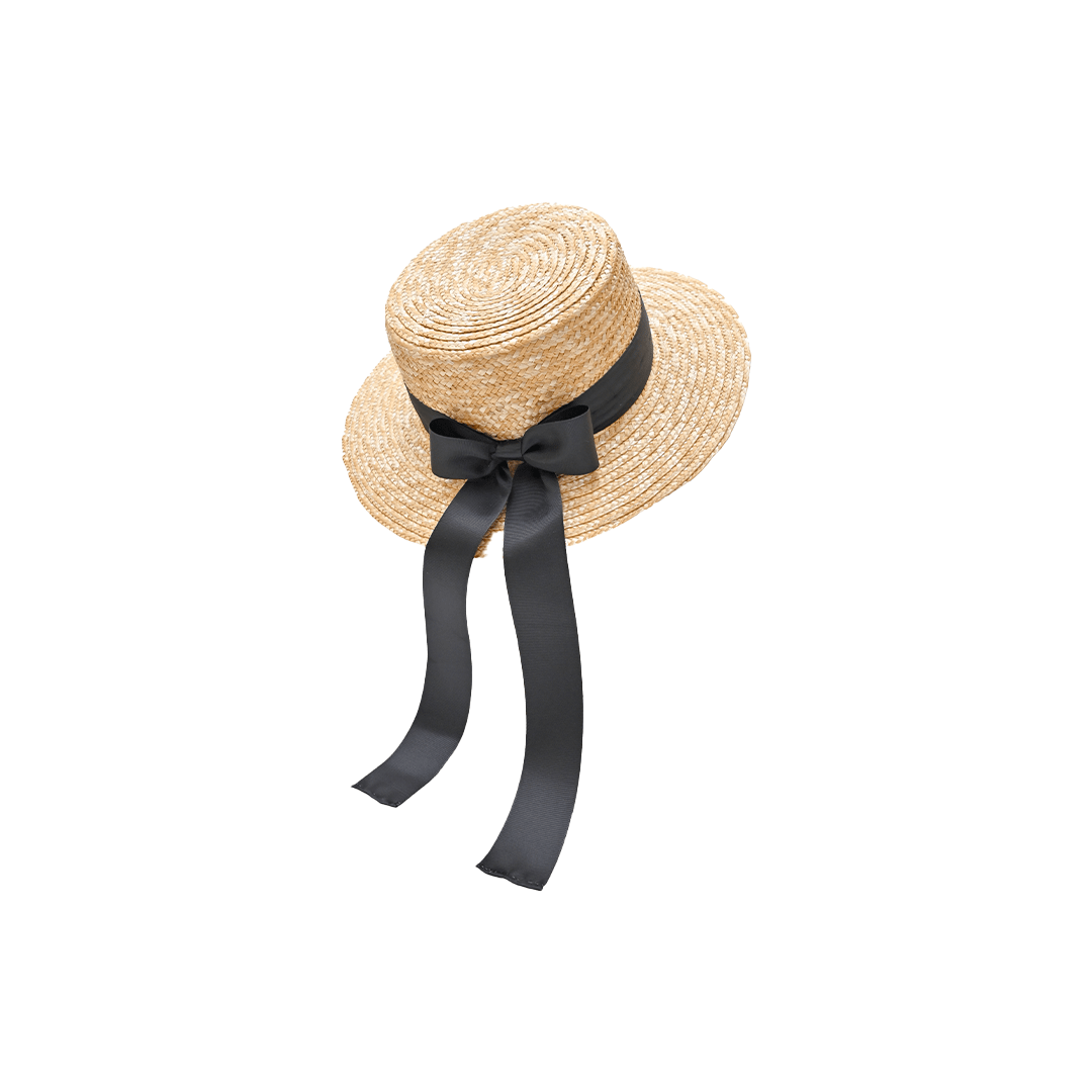 Classic Boater Hat with Black Ribbon – Womens Hat on Brown Living™. SKU: MBNL002010. Img 1.