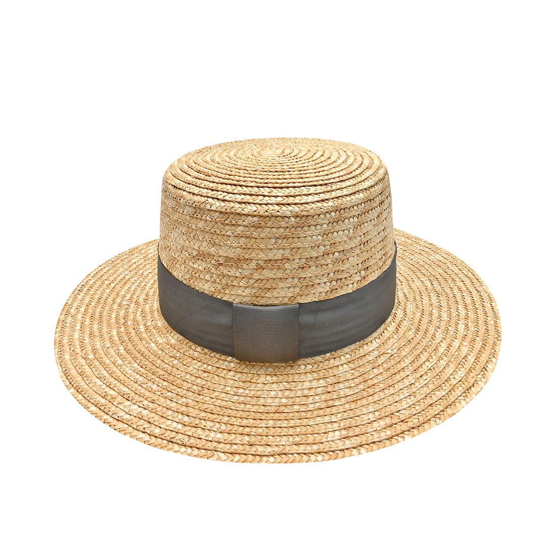 Classic Boater Hat with Grey Ribbon | Timeless Summer Style – Womens Hat on Brown Living™. SKU: MBNL002038. Img 2.