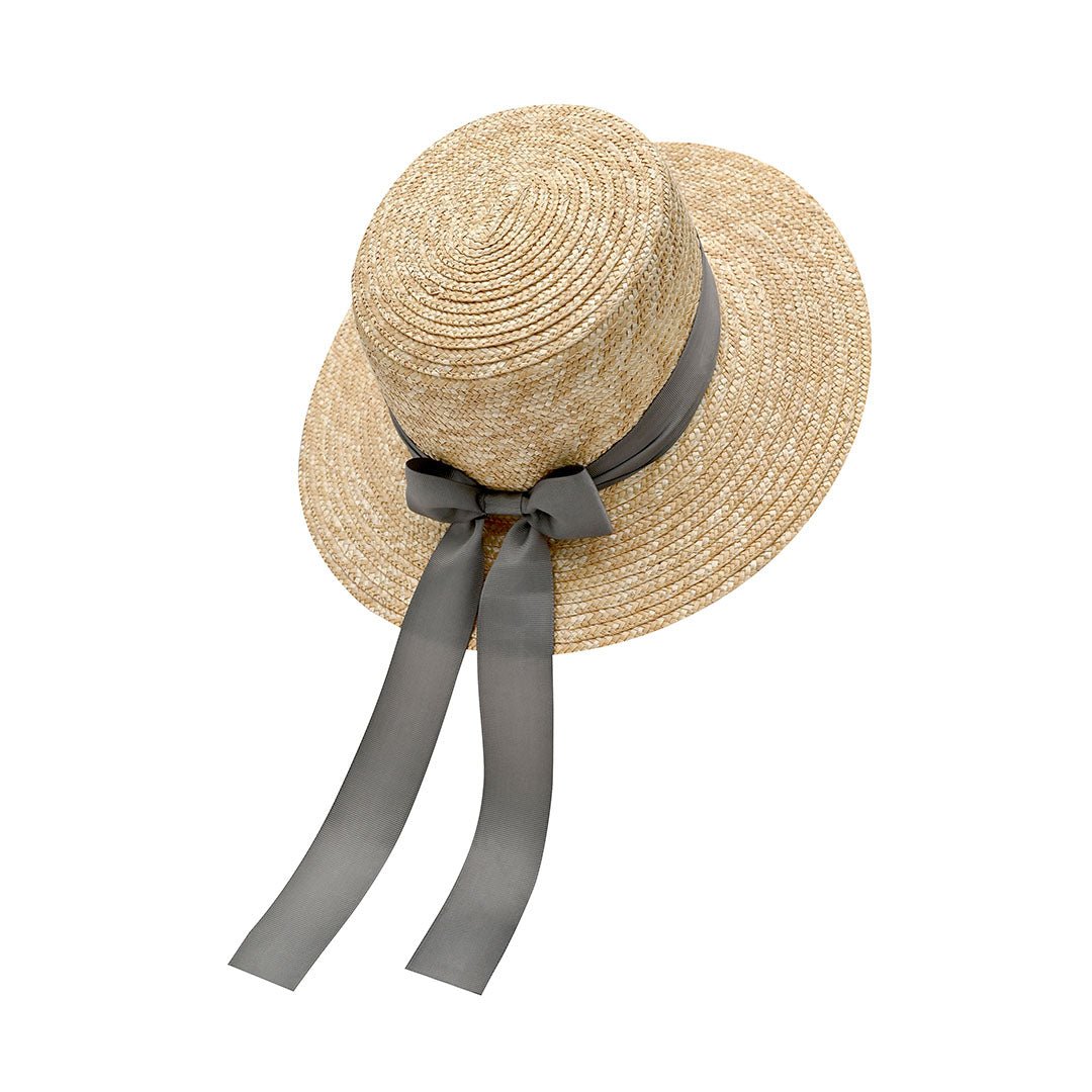 Classic Boater Hat with Grey Ribbon | Timeless Summer Style – Womens Hat on Brown Living™. SKU: MBNL002041. Img 1.