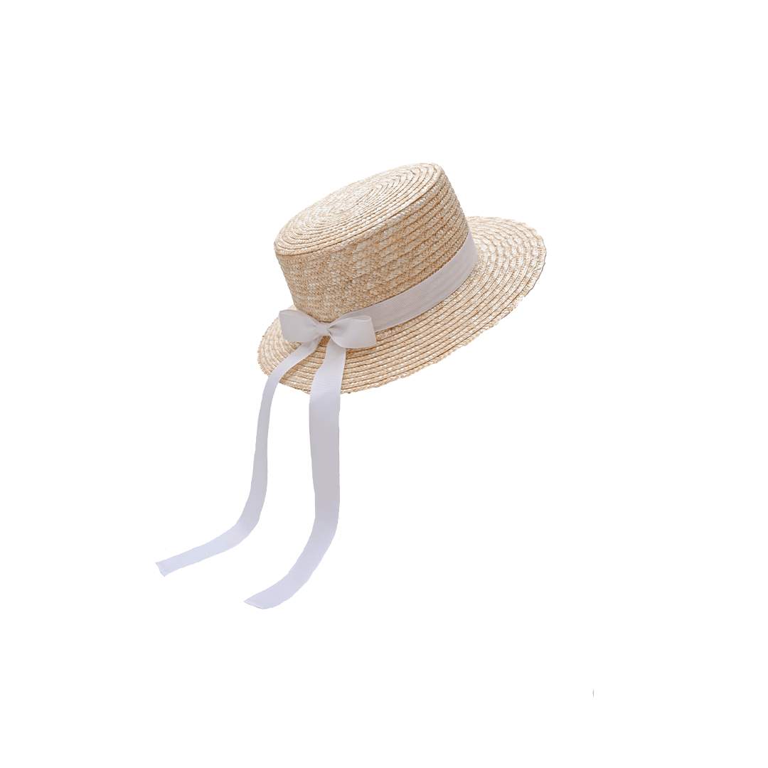 Classic Boater Hat with White Ribbon | Elegant Summer Style – Womens Hat on Brown Living™. SKU: MBNL002017. Img 1.