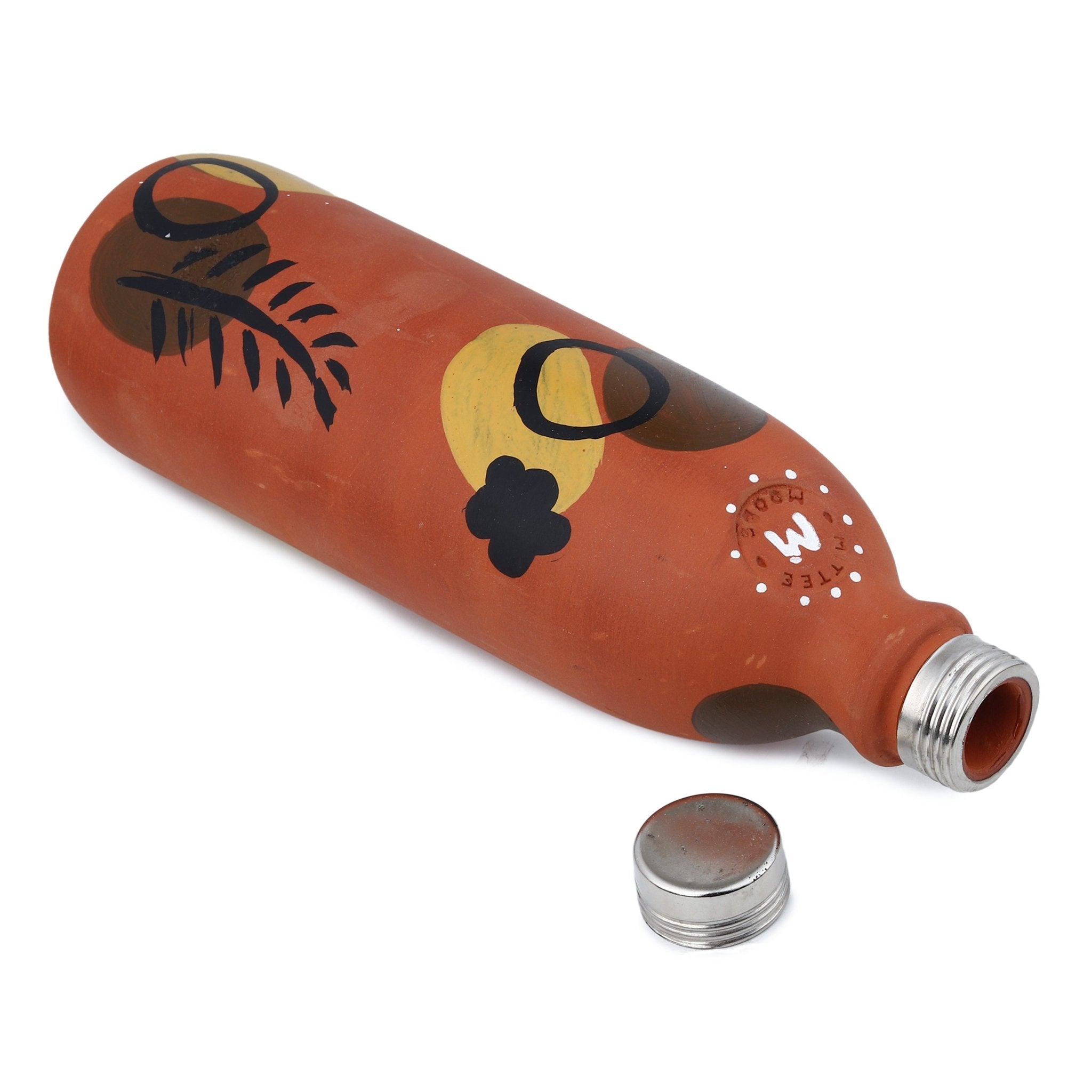 Clay Bottle Steel Cap Hand Painted Leaf Design – Bottles & Sippers on Brown Living™. SKU: MM-06-1000. Img 3.