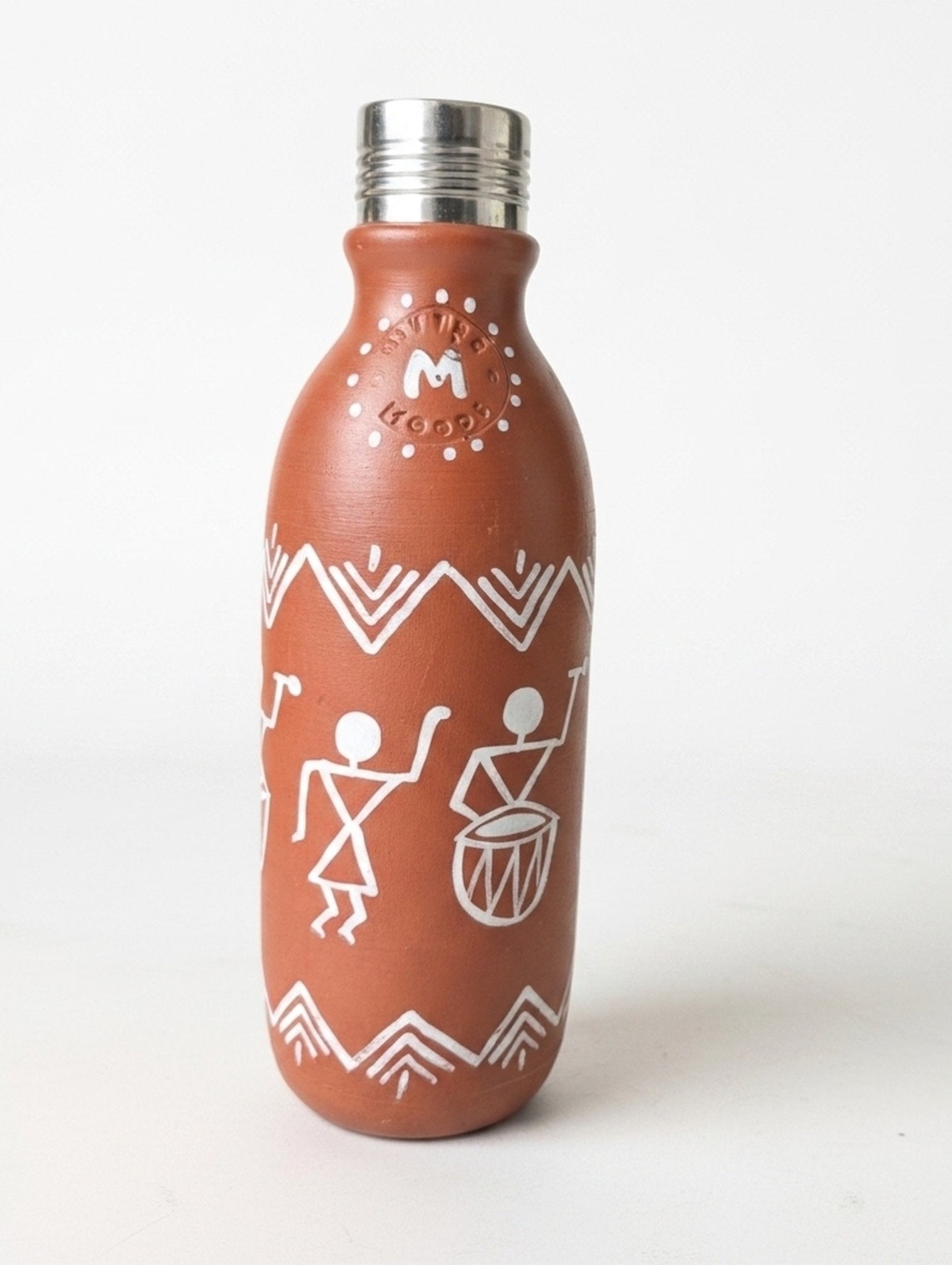 Clay Bottle Steel Cap Hand Painted Modern Warli Art – Bottles & Sippers on Brown Living™. SKU: MM-08-500. Img 2.