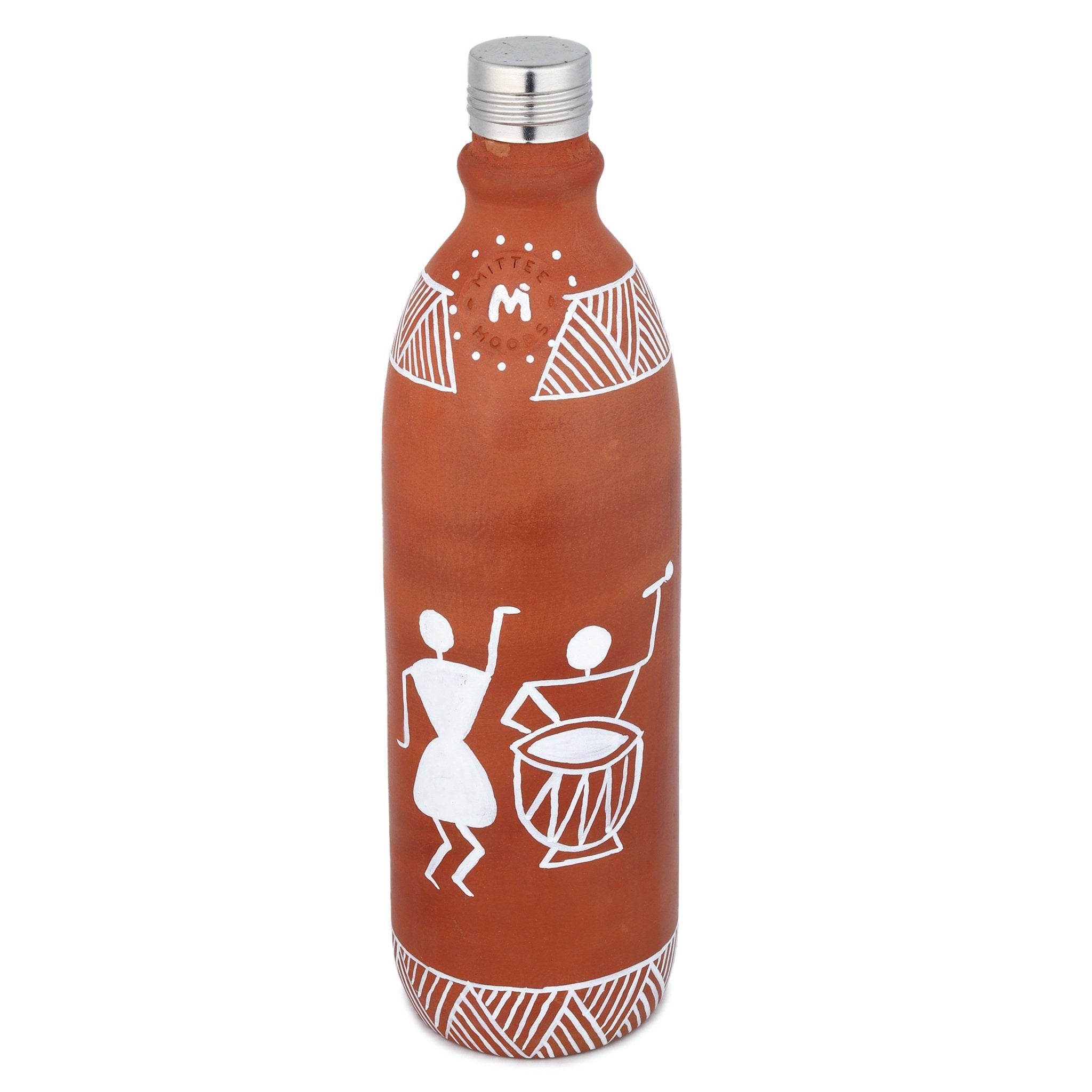 Clay Bottle Steel Cap Hand Painted Musical Warli Art – Bottles & Sippers on Brown Living™. SKU: NMM-02-PN-1000. Img 3.