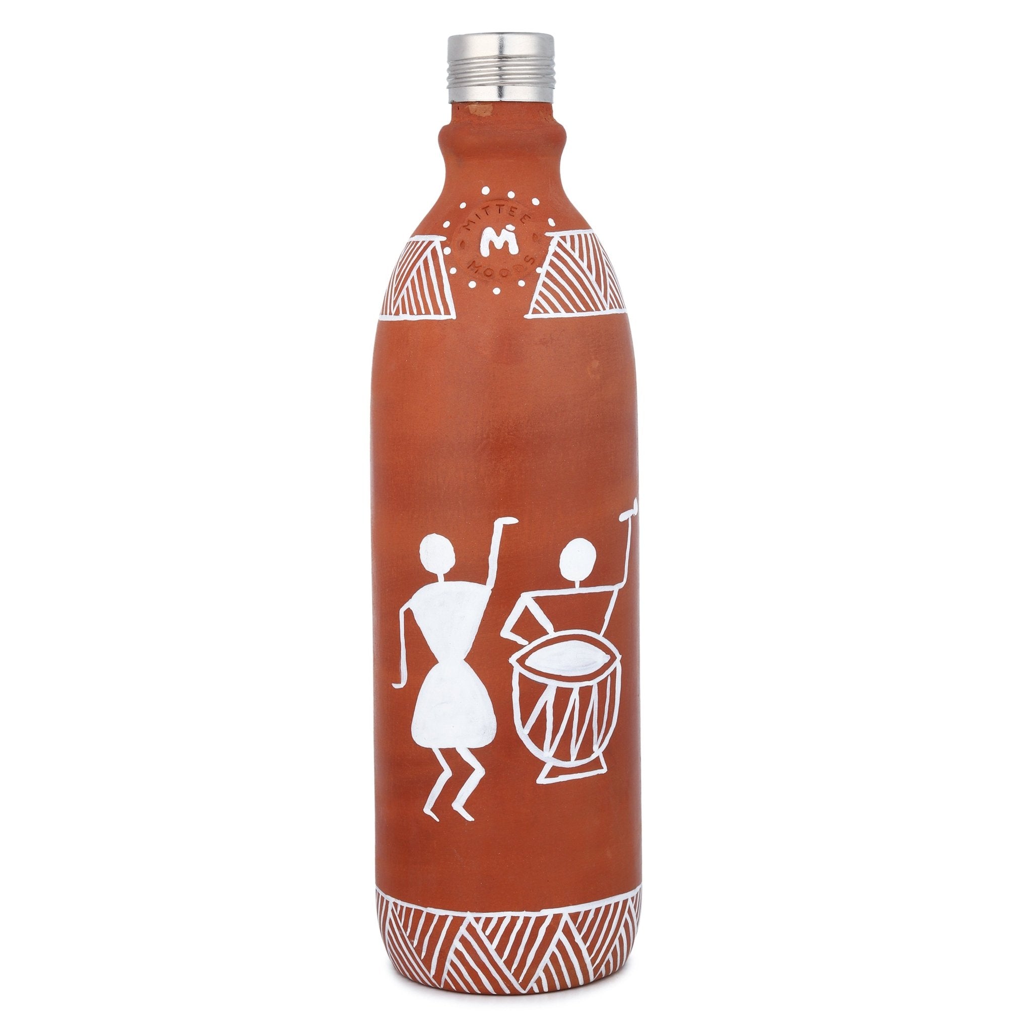 Clay Bottle Steel Cap Hand Painted Musical Warli Art – Bottles & Sippers on Brown Living™. SKU: NMM-02-PN-1000. Img 1.