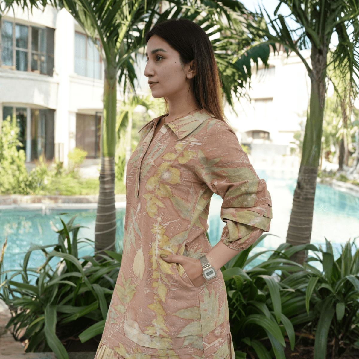 Clay Meadow Gathered Eco - Printed Dress for Women | Handcrafted Organic – Womens Dress on Brown Living™. SKU: AAYU-00141. Img 2.