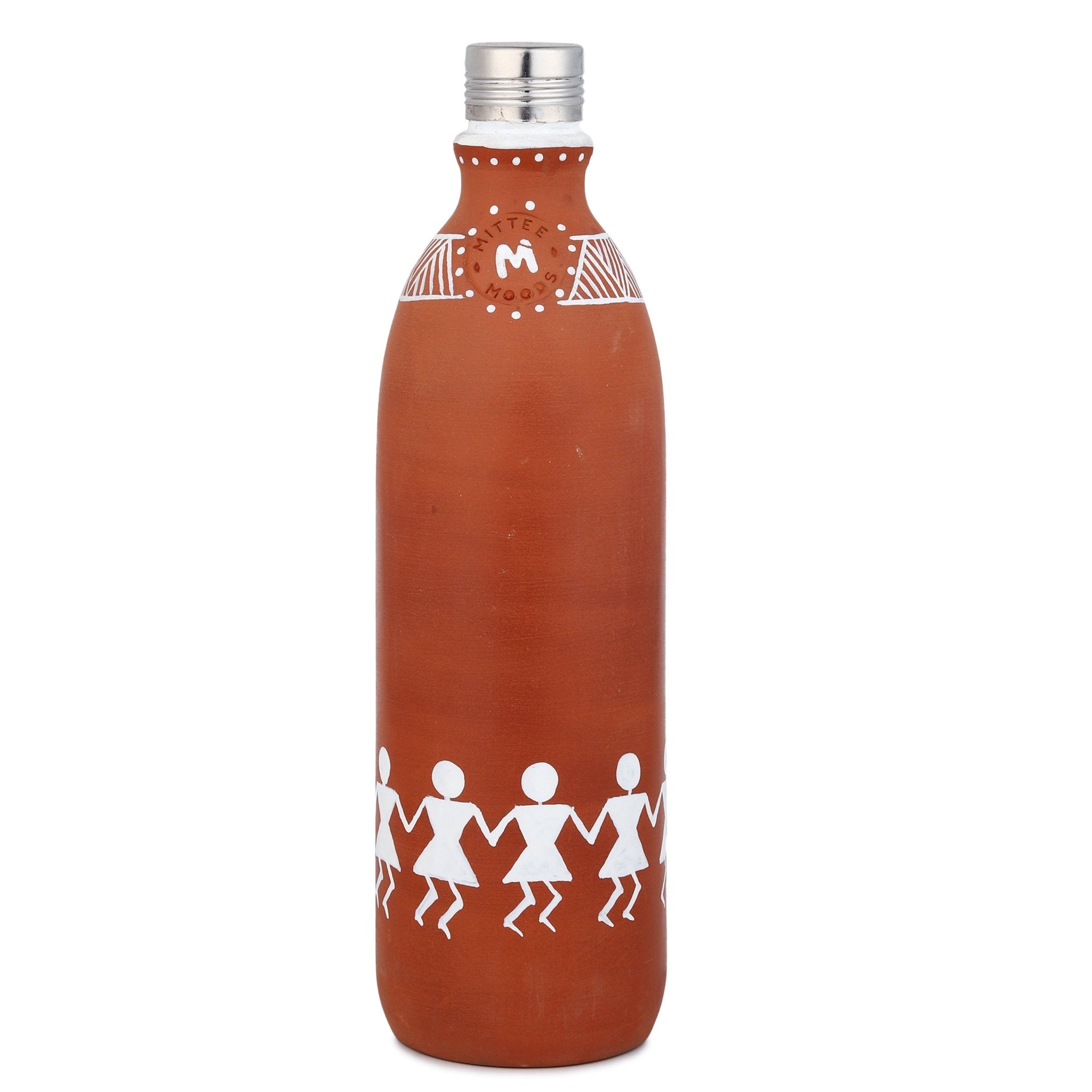 Clay Water Bottle Steel Cap Hand Painted Dancing Warli Art – Bottles & Sippers on Brown Living™. SKU: NMM-01-PN-1000. Img 3.