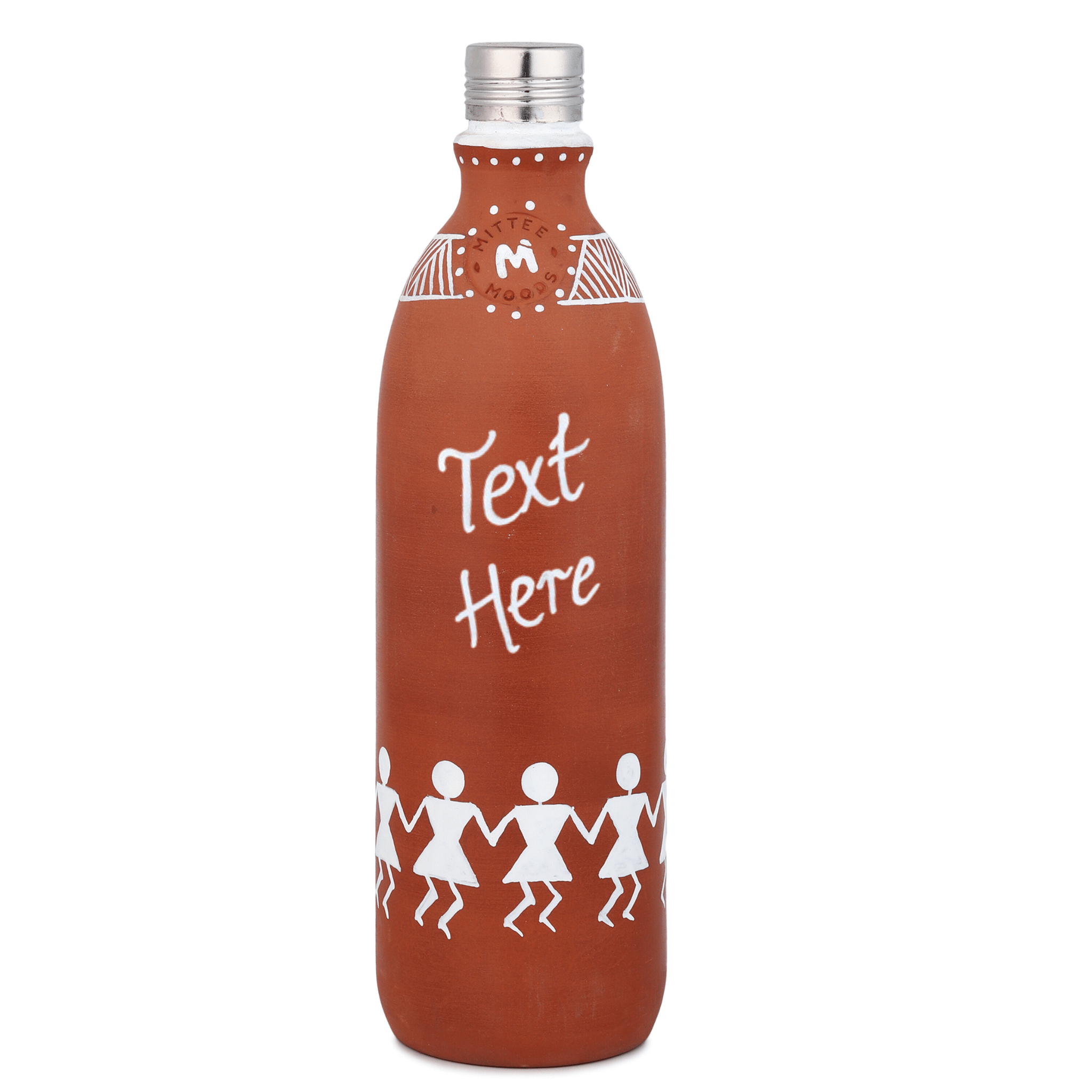 Clay Water Bottle Steel Cap Hand Painted Dancing Warli Art – Bottles & Sippers on Brown Living™. SKU: NMM-01-PY-1000. Img 10.