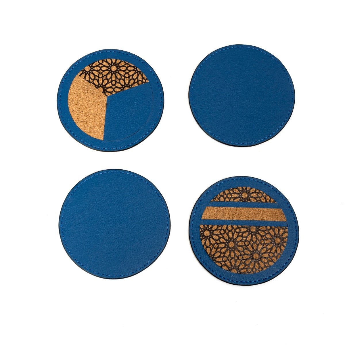 Coasters Set of 4 – Vegan Leather & Printed Cork (Blue) – Coasters on Brown Living™. SKU: CPCGH001. Img 6.