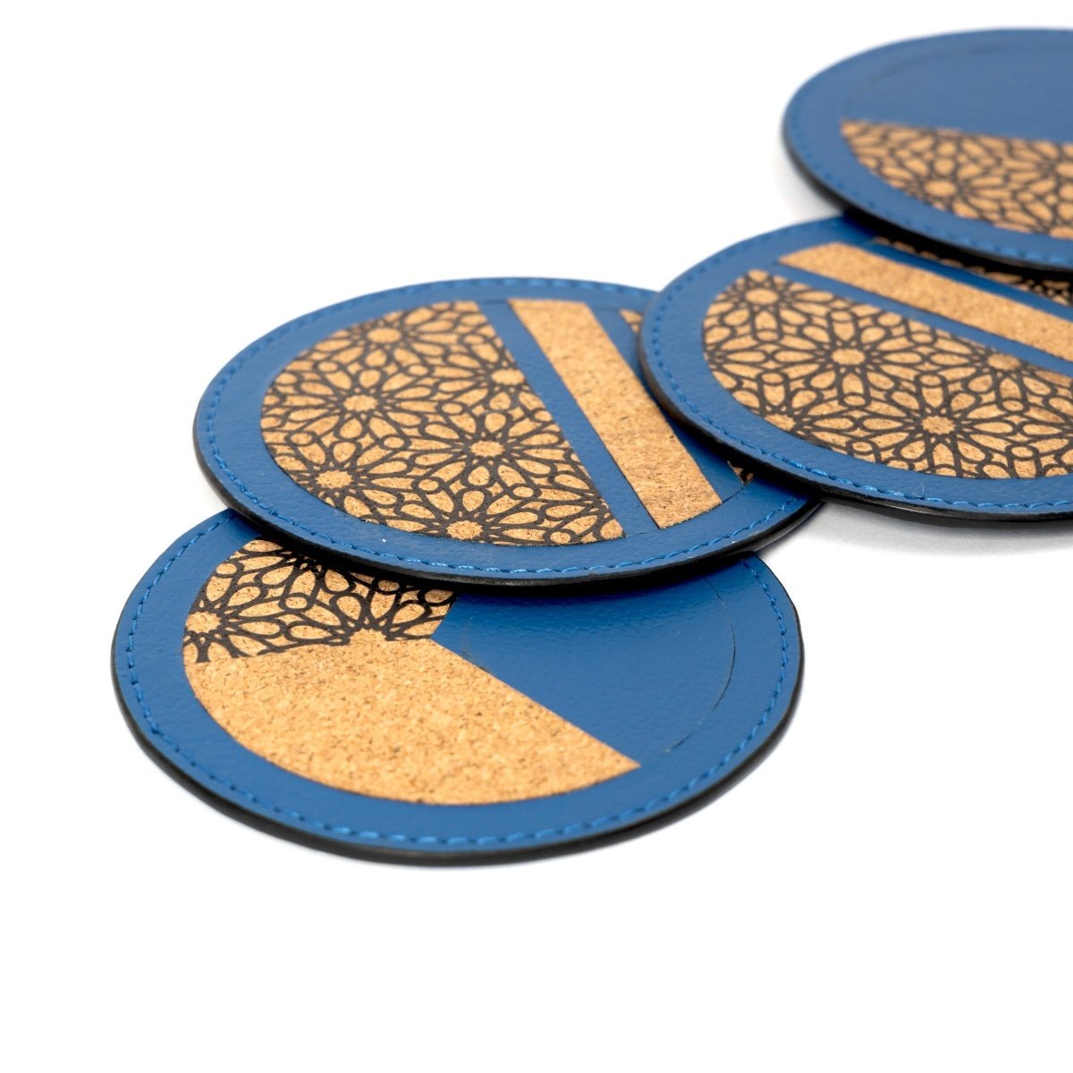 Coasters Set of 4 – Vegan Leather & Printed Cork (Blue) – Coasters on Brown Living™. SKU: CPCGH001. Img 5.