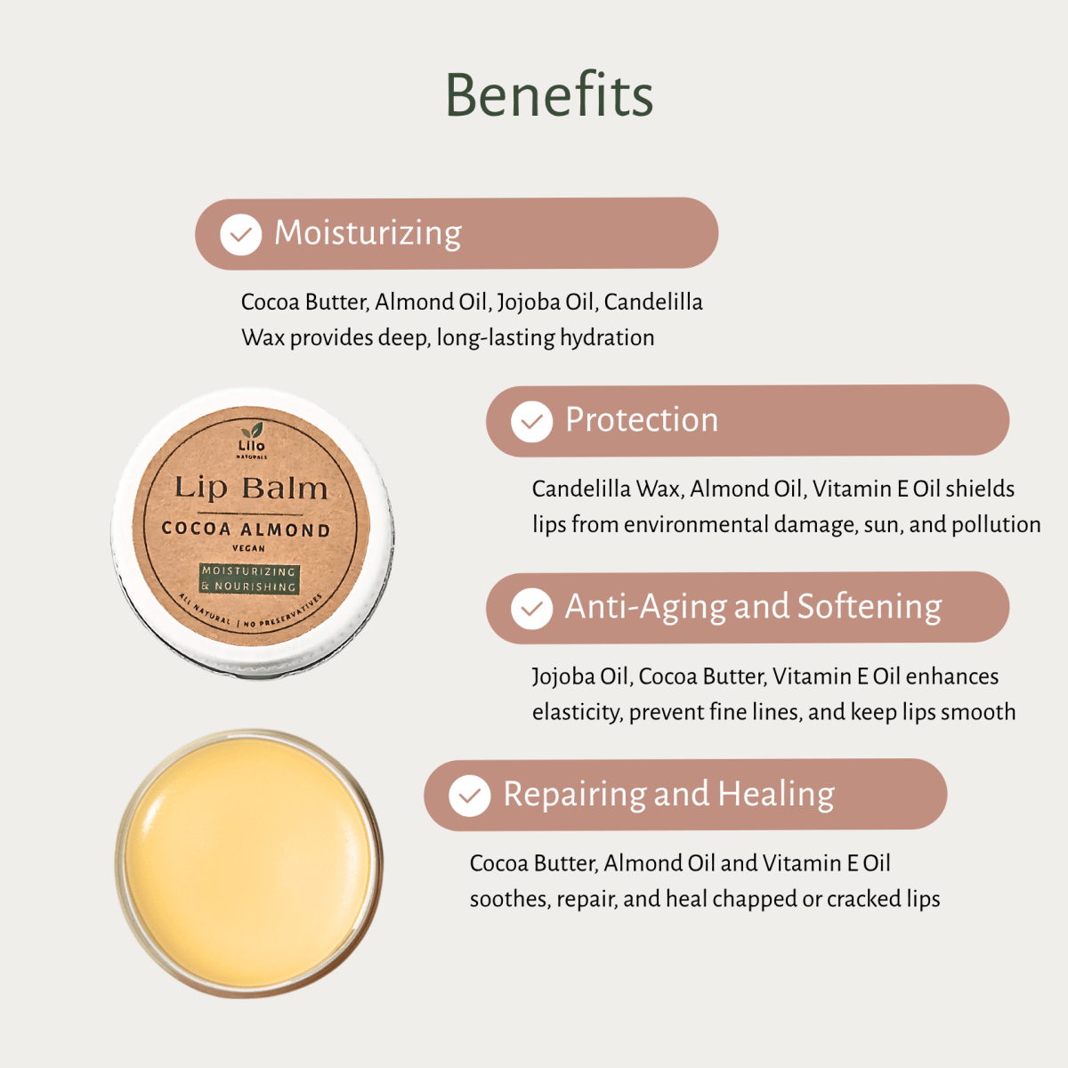 Cocoa Almond Lip Balm | For Dry & Chapped Lips – Lip Balms by Lilo Naturals available on Brown Living™. Pack Of 1 . SKU: SKU004 - 1. Img 4.