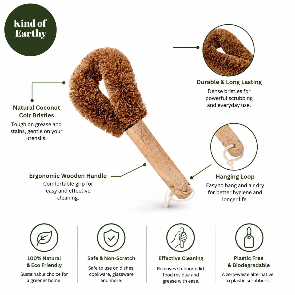 Coconut Coir Dish Scrub Brush | Natural Coconut Fiber Kitchen Cleaning – Cleaning Products on Brown Living™. SKU: KOE030-DCB. Img 2.