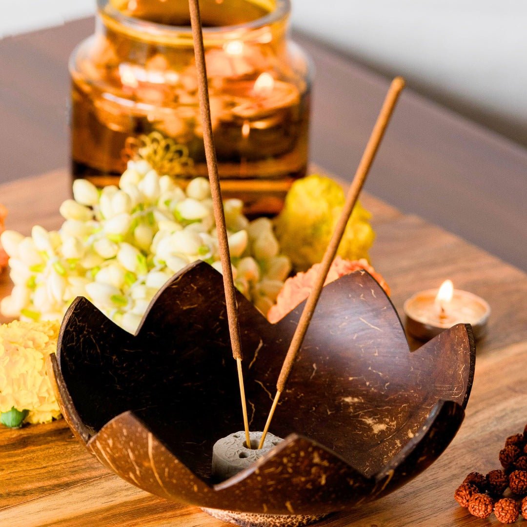 Coconut Shell Agarbatti Stand with Ash Catcher | Incense Stick Holder – Candles & Fragrances by Thenga available on Brown Living™. . SKU: TGAGRBTISTND. Img 3.