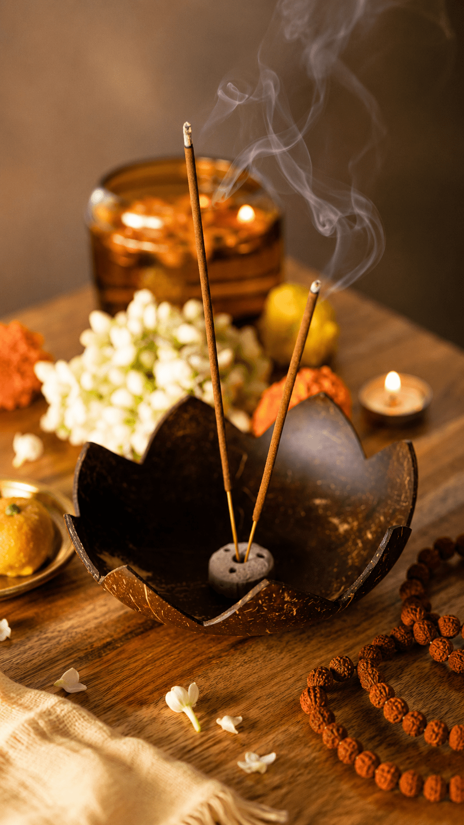 Coconut Shell Agarbatti Stand with Ash Catcher | Incense Stick Holder – Candles & Fragrances on Brown Living™. SKU: TGAGRBTISTND. Img 1.