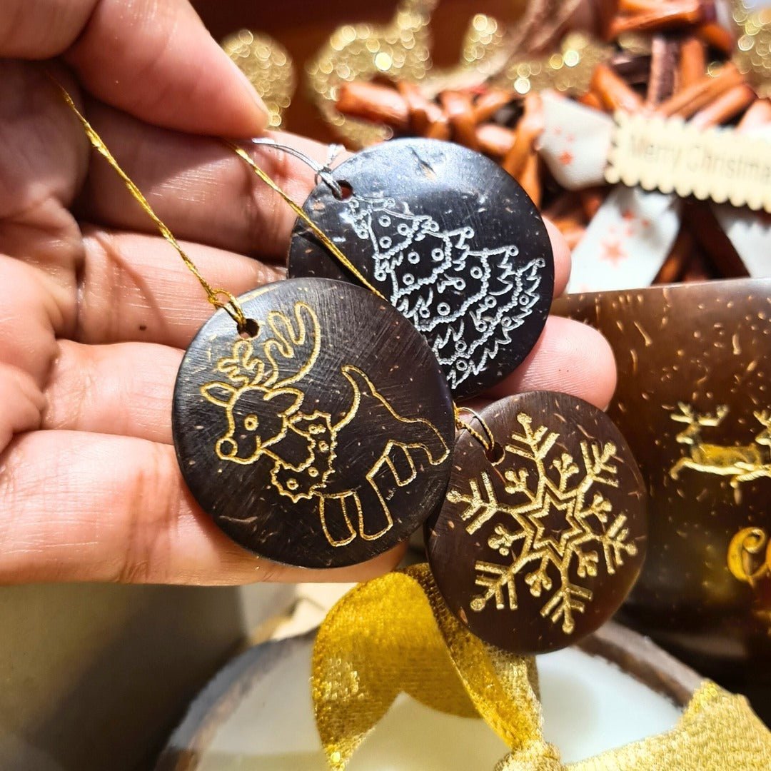 Coconut Shell Christmas Hanging Decorations - Set of 6 – Decor & Artefacts on Brown Living™. SKU: TGAXMASHANGS. Img 4.