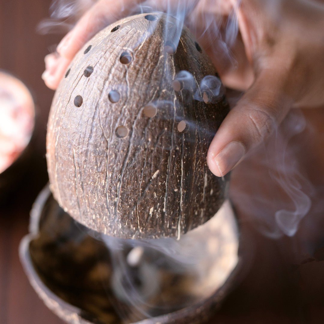 Coconut Shell Dhoop Batti Stand | Wooden Incense Holder – Incense Holder on Brown Living™. SKU: TGADHBSTND. Img 3.