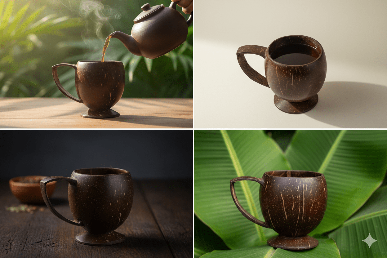 Coconut Shell Handmade Tea Cup | Natural Eco - Friendly Cup – Cups & Saucers on Brown Living™. SKU: KOT-DW-001. Img 4.