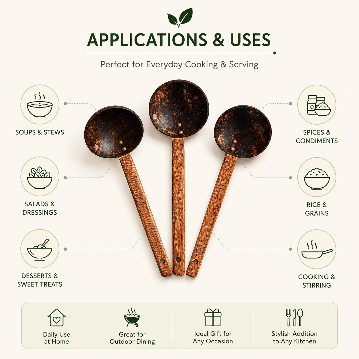 Coconut Shell Ladles/Spoon Set | Eco-Friendly Kitchen Utensils – Kitchen Tools on Brown Living™. SKU: TGALADLES-3. Img 3.