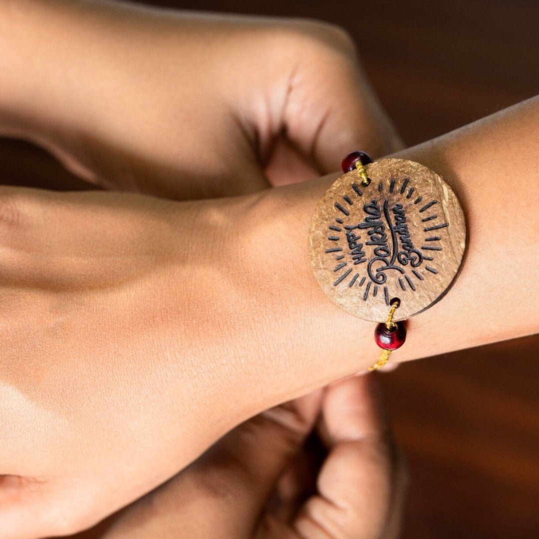 Coconut Shell Rakhi Sets - Rough (Package includes 3 Rakhis, Kumkum, Rice Grains & Raksha Bandhan Card) - Set of 3 – Rakhi on Brown Living™. SKU: TGARGHRKHI. Img 3.