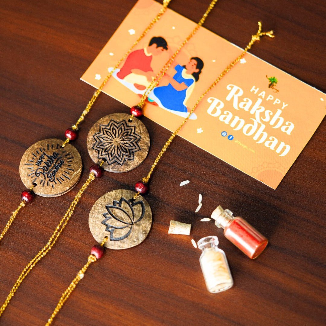 Coconut Shell Rakhi Sets - Rough (Package includes 3 Rakhis, Kumkum, Rice Grains & Raksha Bandhan Card) - Set of 3 – Rakhi on Brown Living™. SKU: TGARGHRKHI. Img 2.