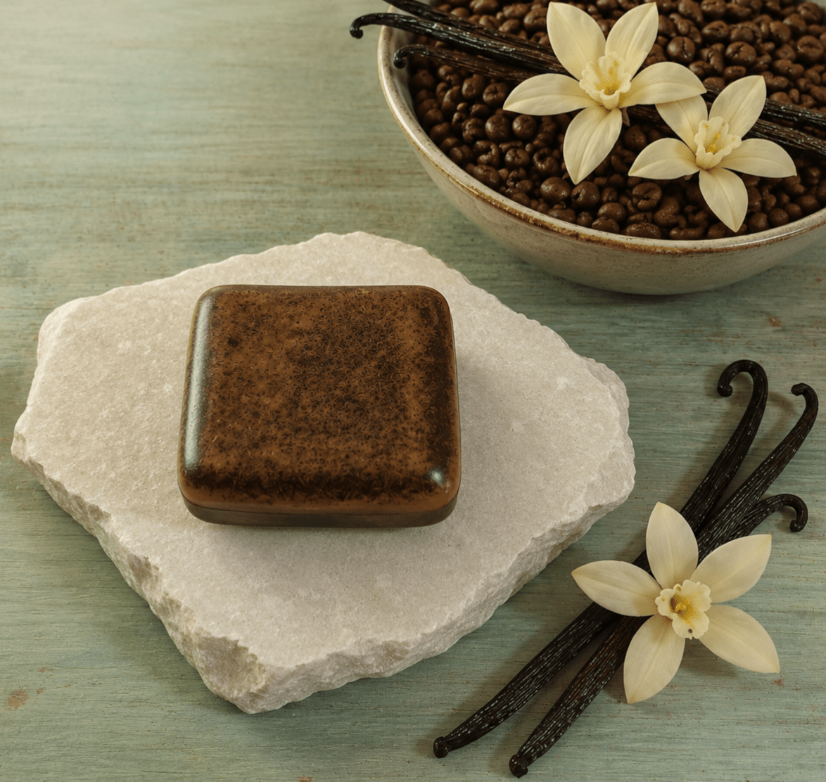 Coffee Vanilla Shea Butter Soap 100g | Vegan Moisturizing Bath Bar – Body Soap on Brown Living™. SKU: CFVNSP. Img 1.