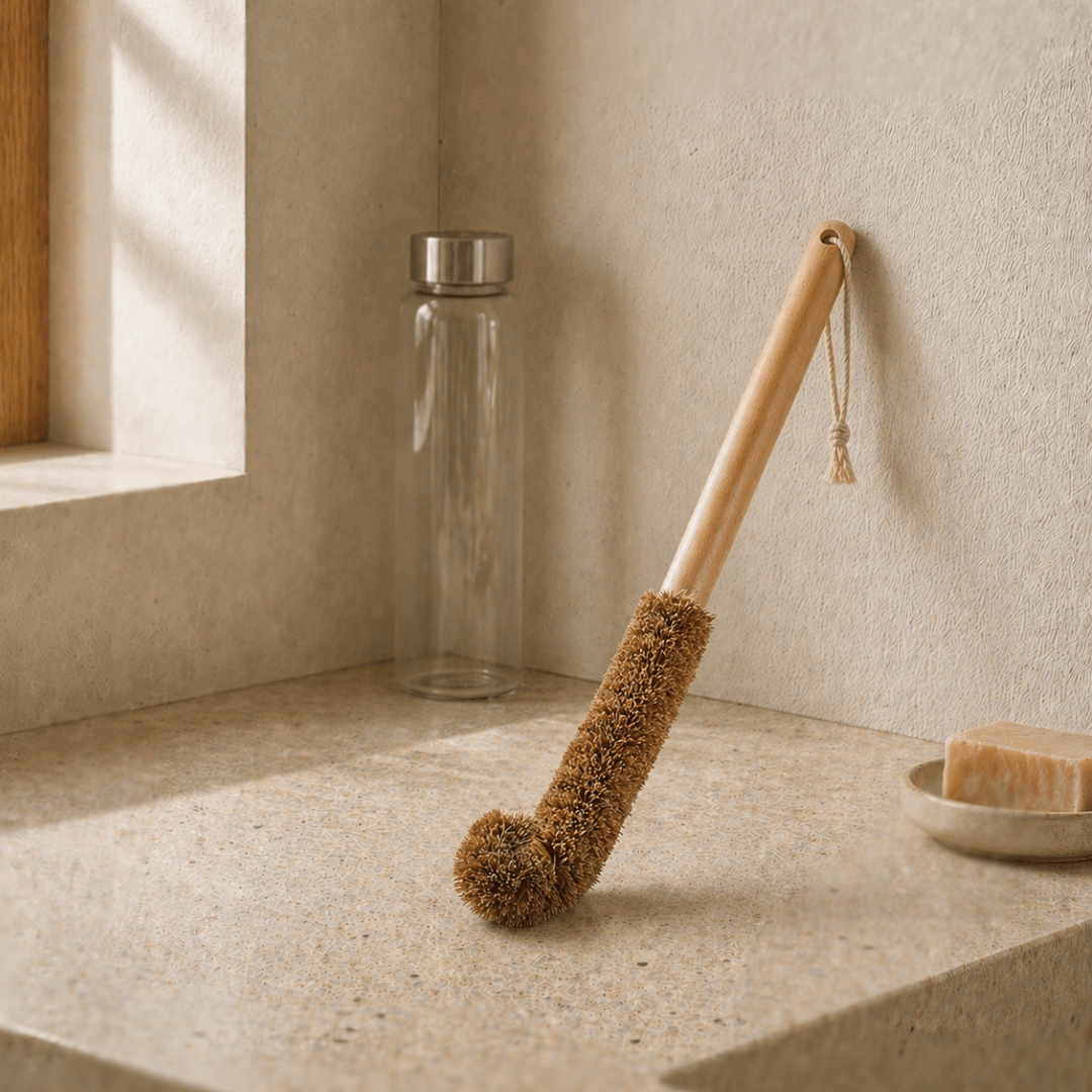 Coir Water Bottle Cleaner with Wooden Handle – Cleaning Products on Brown Living™. SKU: OIKCB01. Img 2.