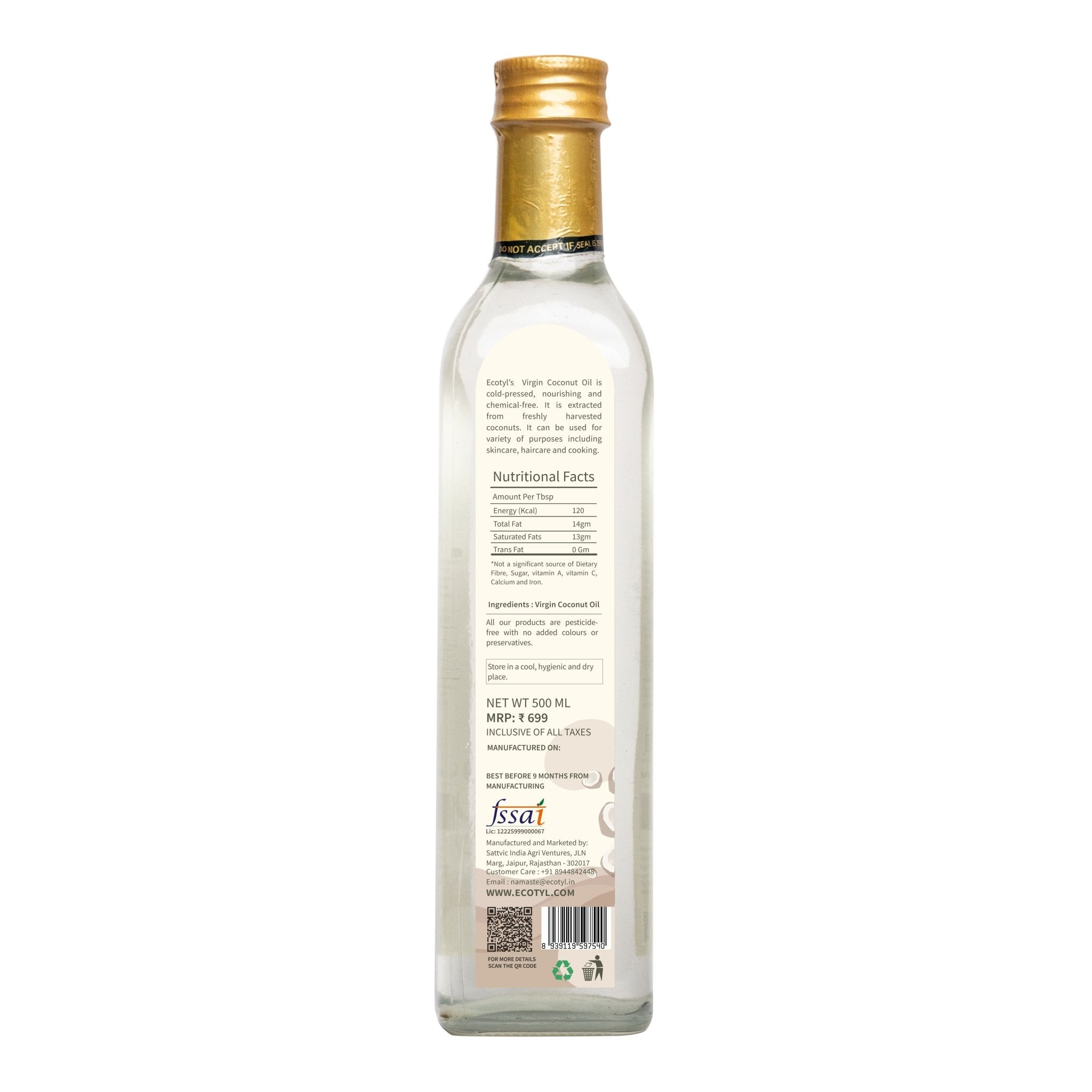 Cold - Pressed Virgin Coconut Cooking Oil - 500ml | Kachi Ghani – Cooking Oils on Brown Living™. SKU: EOICO0GB500. Img 6.