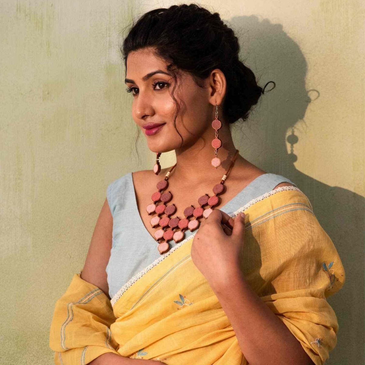 Combo of Pink shades Repurposed Fabric and Wood Necklace & Earrings – Womens Earrings on Brown Living™. SKU: JCC041. Img 2.