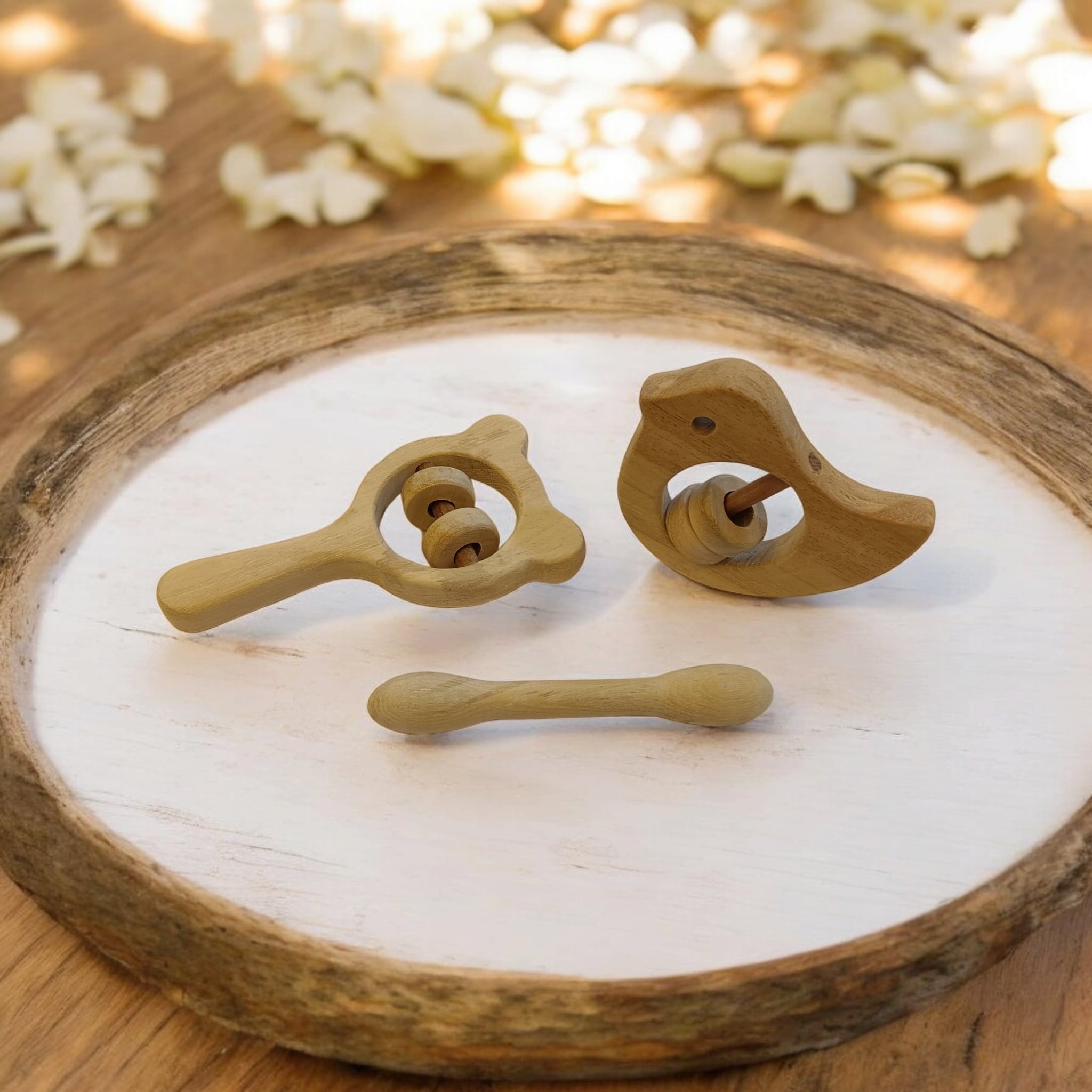 Combo of Rattles & Teether - Dove, Mickey Head & Dumbbell Shapes – Wooden Toys on Brown Living™. SKU: RT_DV-MKHD-DBL. Img 2.