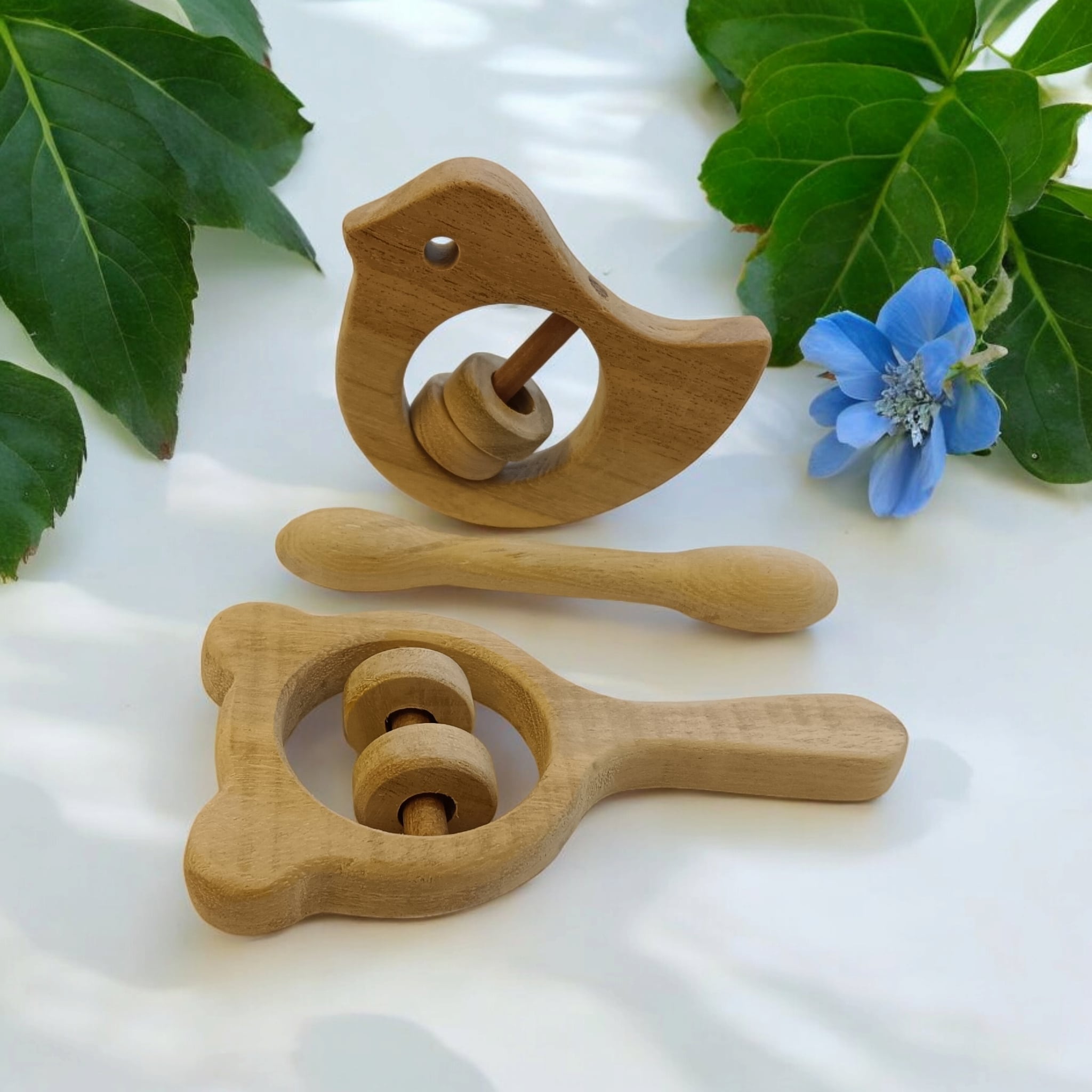 Combo of Rattles & Teether - Dove, Mickey Head & Dumbbell Shapes – Wooden Toys on Brown Living™. SKU: RT_DV-MKHD-DBL. Img 5.