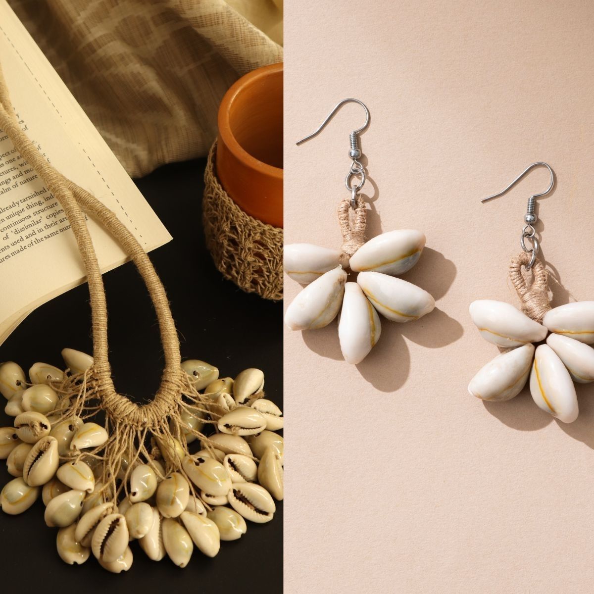 Combo of Trendy Jute And Cowry Necklace & Earrings – Womens Earrings on Brown Living™. SKU: JCC031. Img 1.