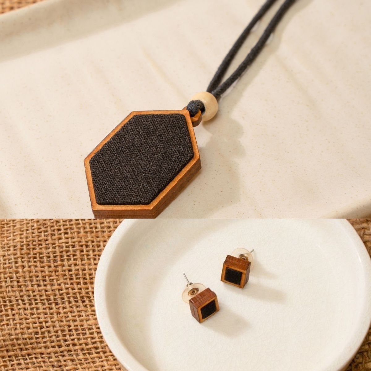 Combo of Unisex Black Repurposed Fabric & Wood Pendant Studs – Womens Earrings on Brown Living™. SKU: JCC037. Img 1.