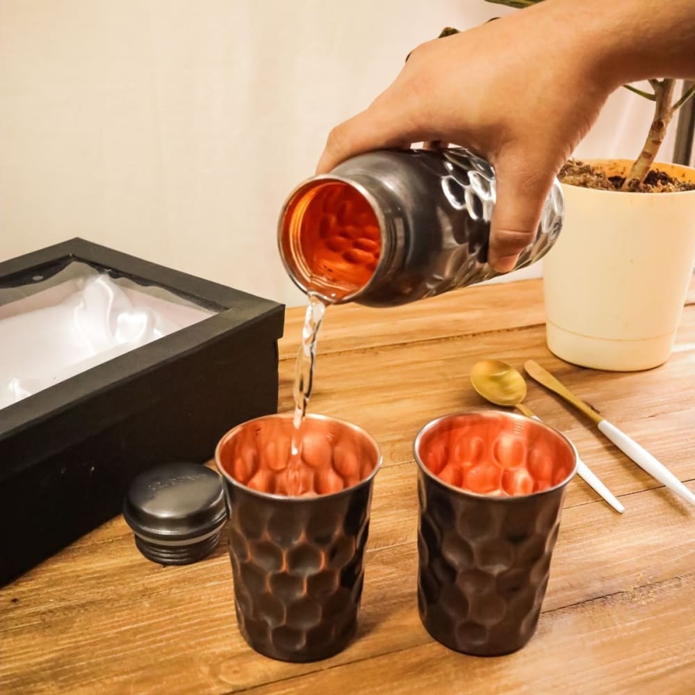 Copper Bottle Black Antique Finish Gift Set With 2 Glasses – Bottles & Sippers on Brown Living™. SKU: OEP138. Img 1.