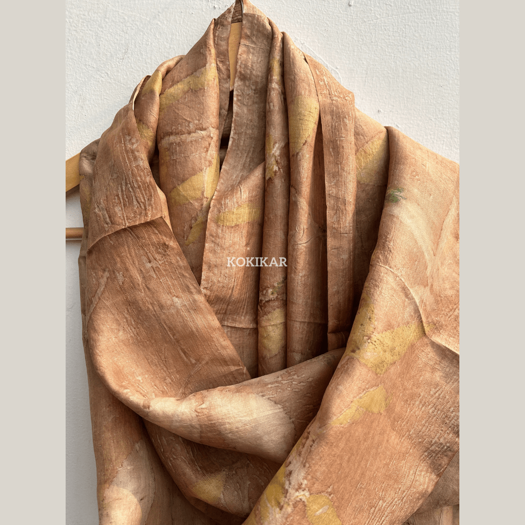 Coral Carnation Pure Silk Scarf – Naturally Dyed & Ecoprinted – Womens Scarf on Brown Living™. SKU: CO-SCARF-001. Img 2.