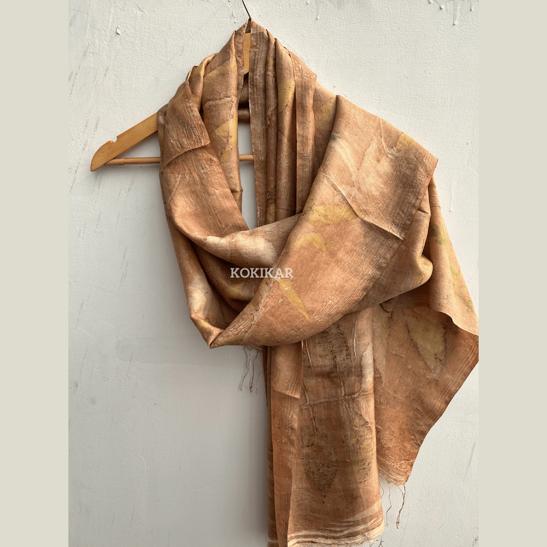 Coral Carnation Pure Silk Scarf – Naturally Dyed & Ecoprinted – Womens Scarf on Brown Living™. SKU: CO-SCARF-001. Img 1.