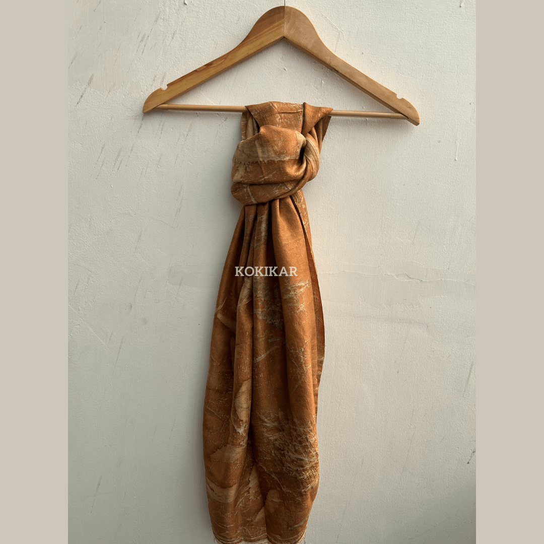 Coral Carnation Pure Silk Scarf – Naturally Dyed & Ecoprinted – Womens Scarf on Brown Living™. SKU: CO-SCARF-001. Img 5.